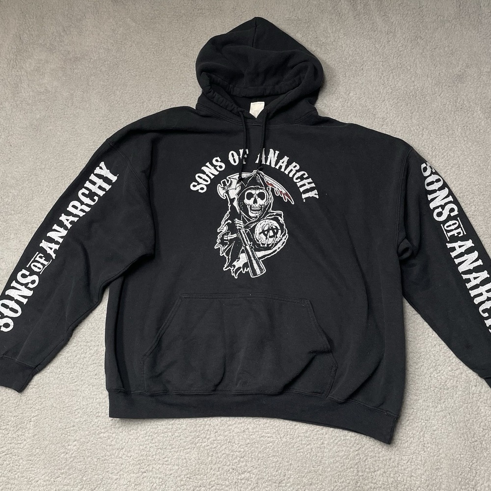Gildan Sons of Anarchy Hoodie Men 2XL Black Pullover Graphic Biker Sweatshirt